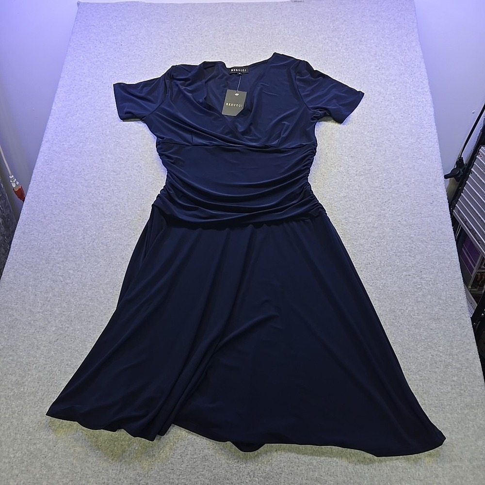 NWT‎ Rekucci Women's Size 16 Navy Blue Stretch Fit & Flare Dress Short Sleeve
